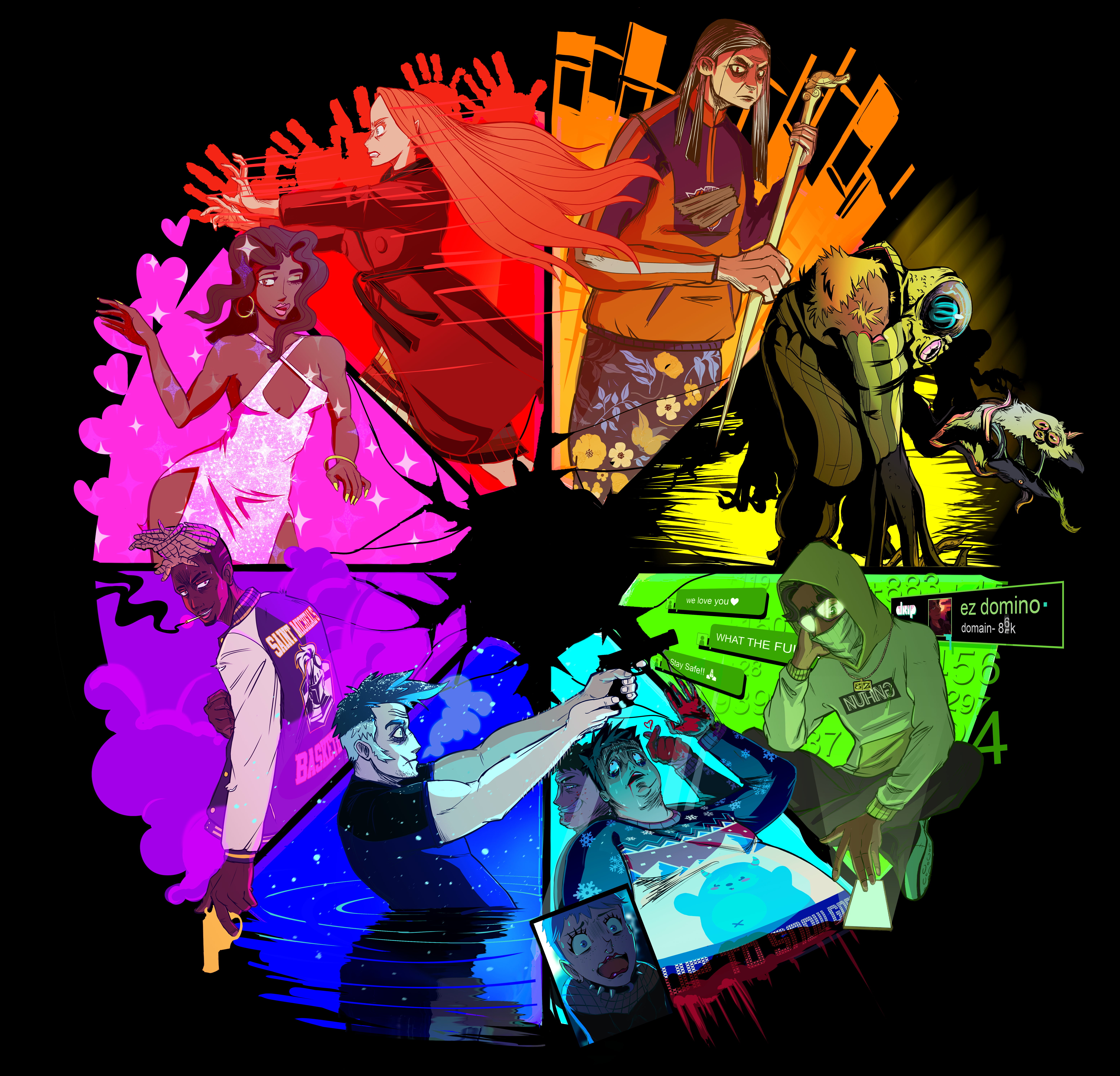 The complete cast in full color around the color wheel