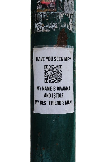 Street poster: Have you seen me? My name is Jovanna and I stole my best friend's man!